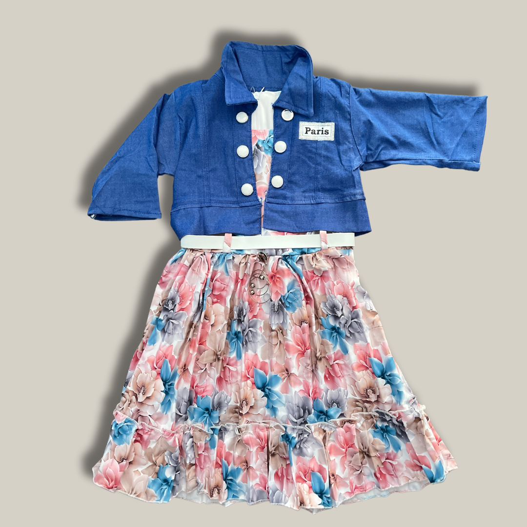 Elegant Floral Skirt & Blue Jacket Set – Stylish & Comfortable Outfit for Girls