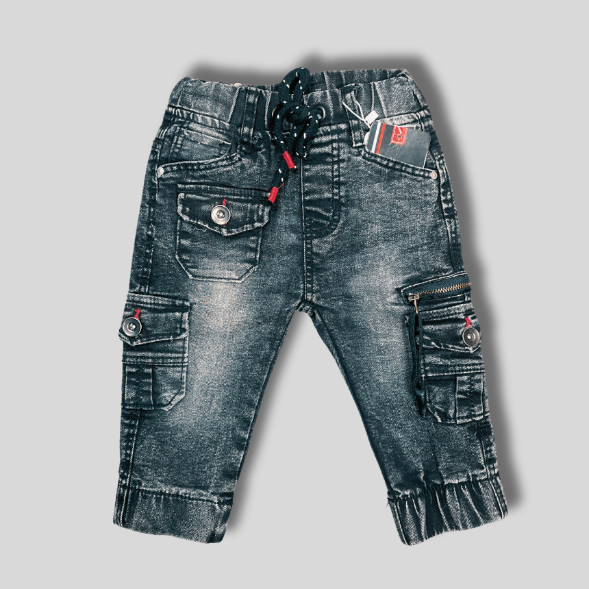 Boys' Washed Black Denim-Style Cargo Jogger Pants