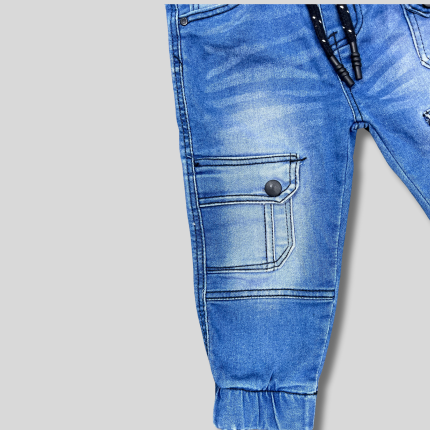 Boys' Sky Blue Denim-Style Cargo Jogger Pants
