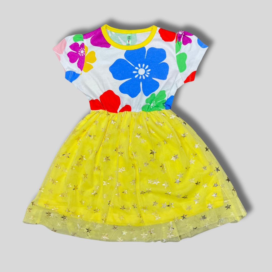 Girls' Floral & Starry Mesh Party Dress