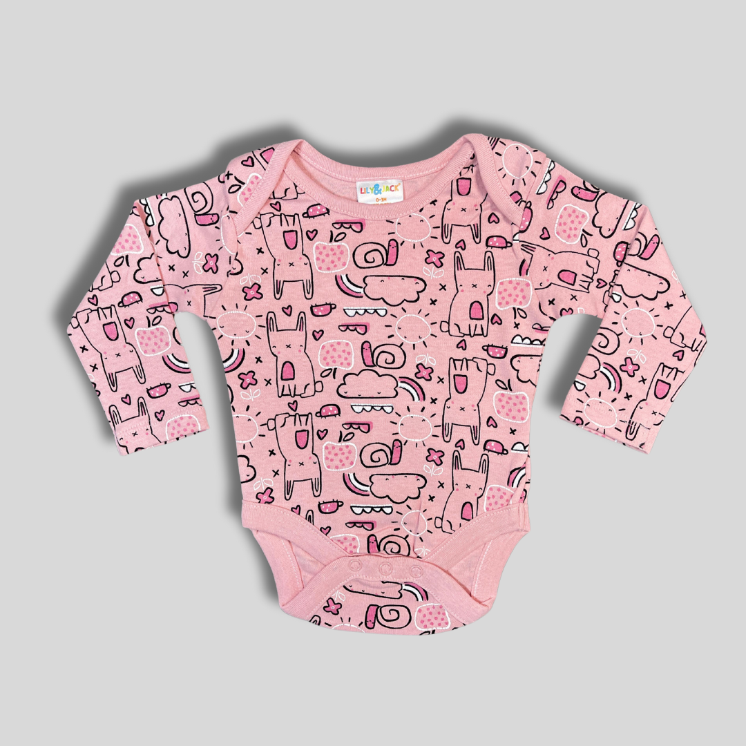 Playful Pink Bunny & Rainbow Baby Bodysuit β Full Print Fun