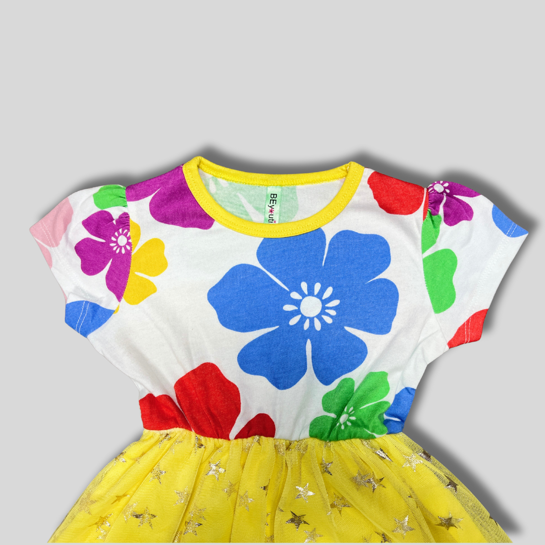 Girls' Floral & Starry Mesh Party Dress