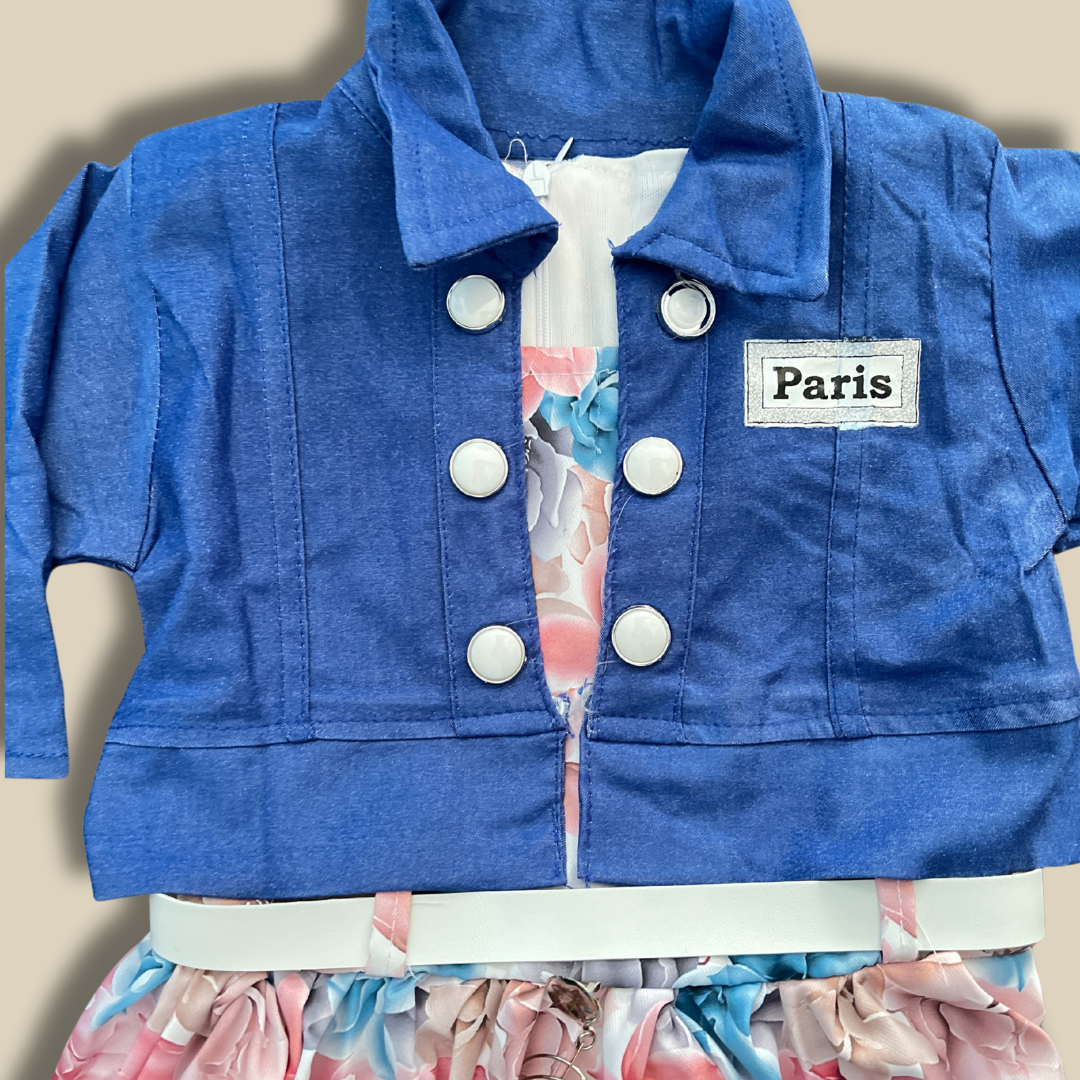 Elegant Floral Skirt & Blue Jacket Set – Stylish & Comfortable Outfit for Girls