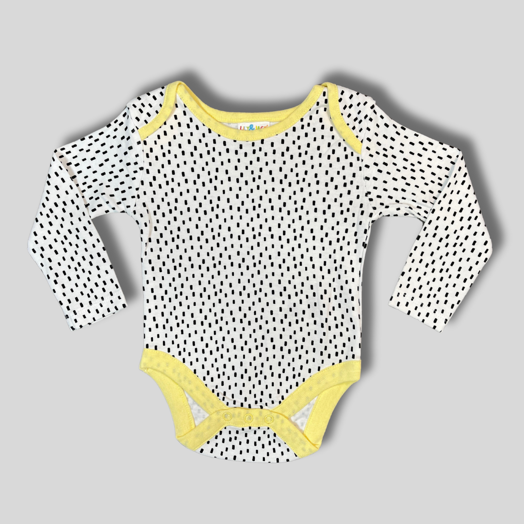 Modern Black and White Baby Bodysuit with Yellow Trim