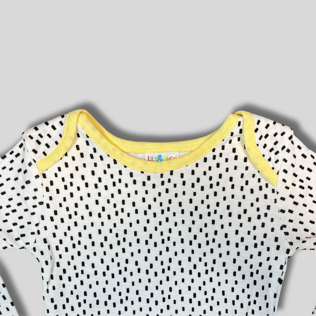 Modern Black and White Baby Bodysuit with Yellow Trim