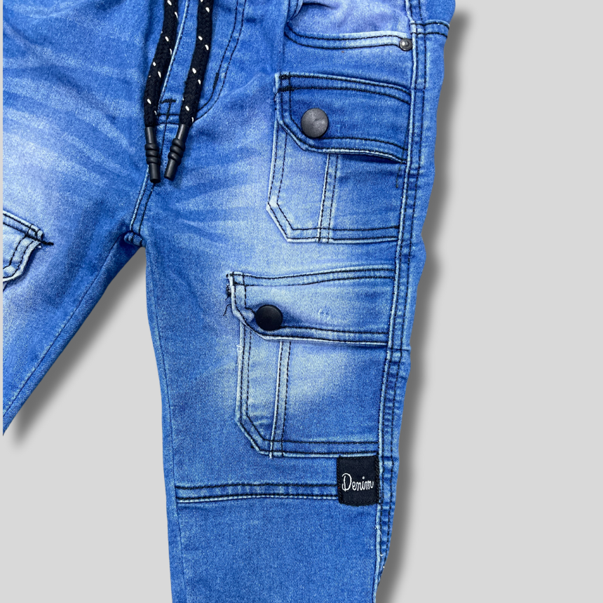 Boys' Sky Blue Denim-Style Cargo Jogger Pants