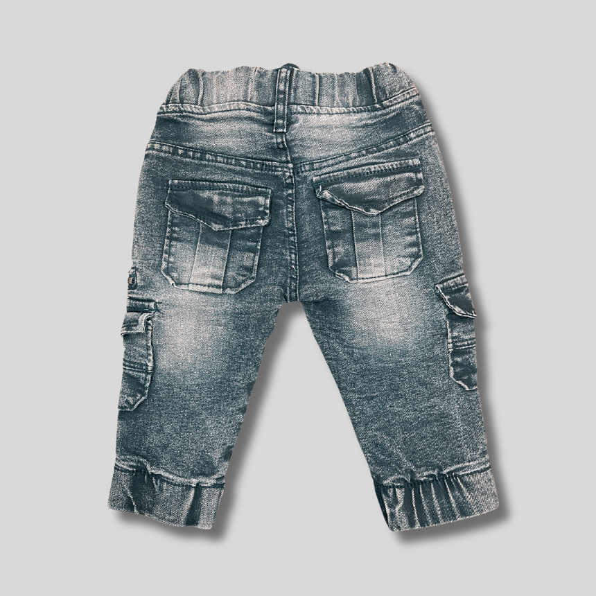 Boys' Washed Black Denim-Style Cargo Jogger Pants