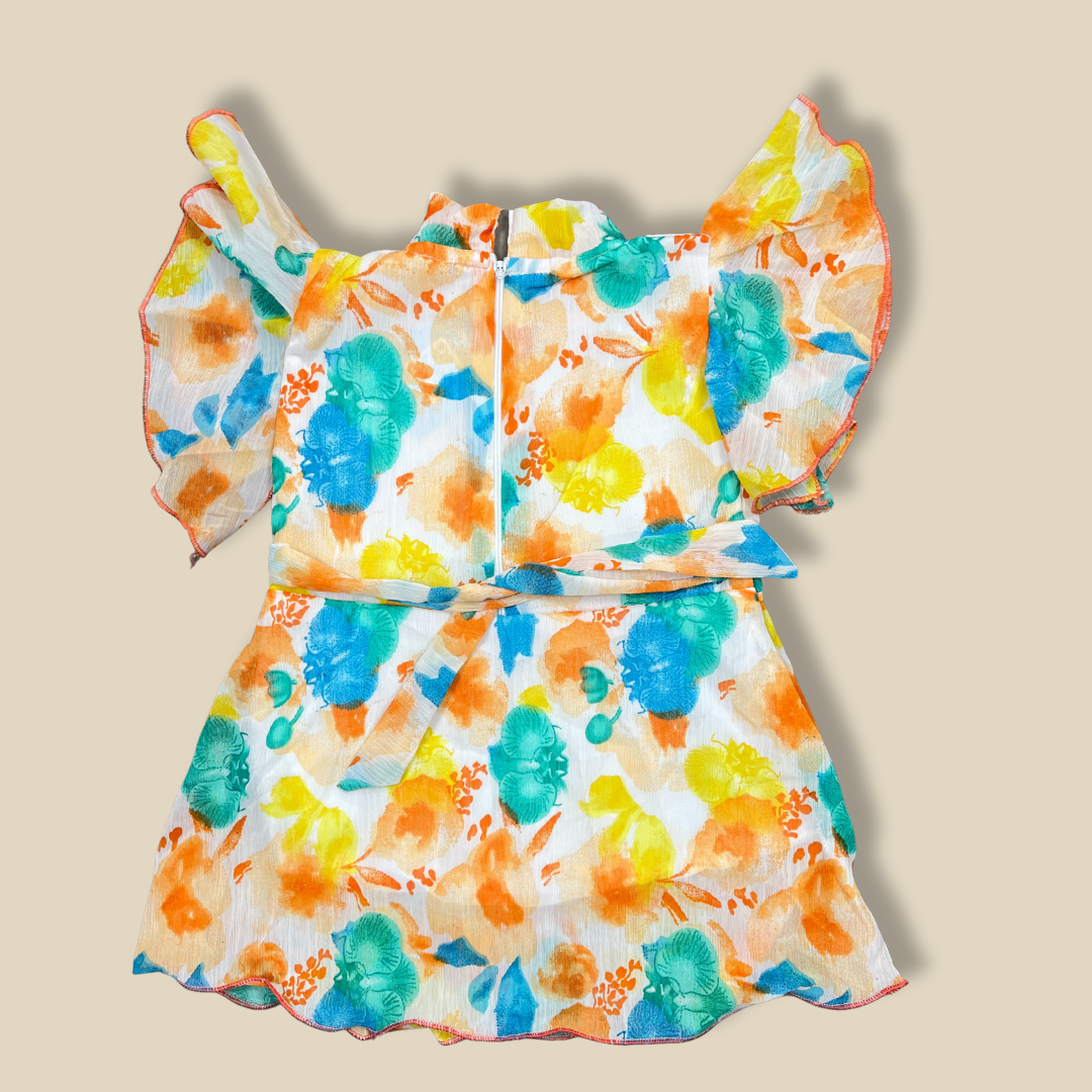 Floral Girls' Dress with Flutter Sleeves & Matching Mask