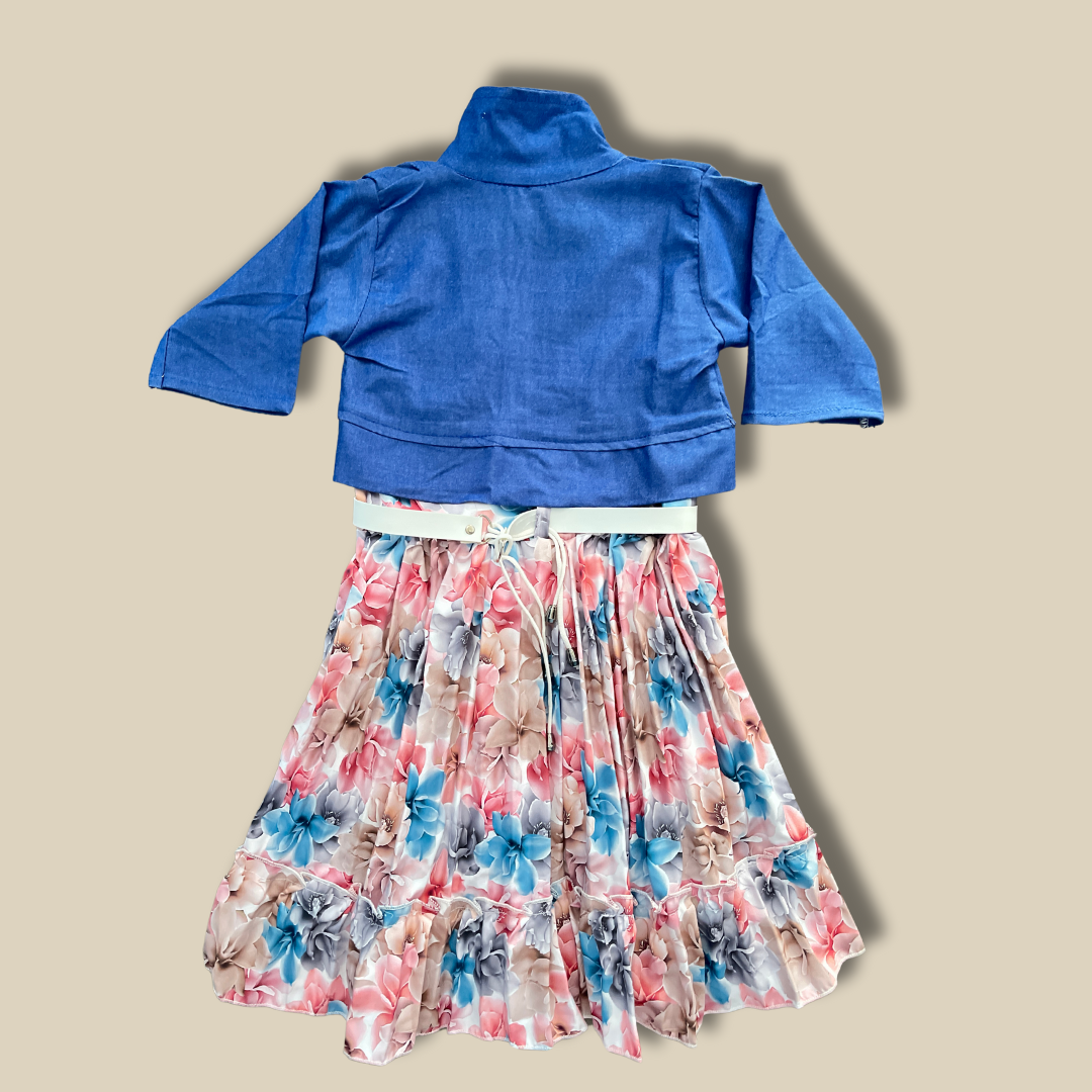 Elegant Floral Skirt & Blue Jacket Set – Stylish & Comfortable Outfit for Girls