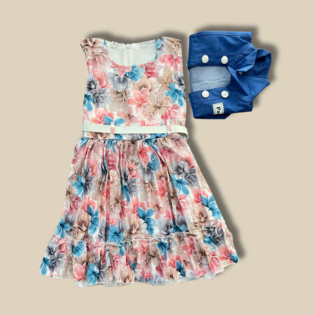 Elegant Floral Skirt & Blue Jacket Set – Stylish & Comfortable Outfit for Girls