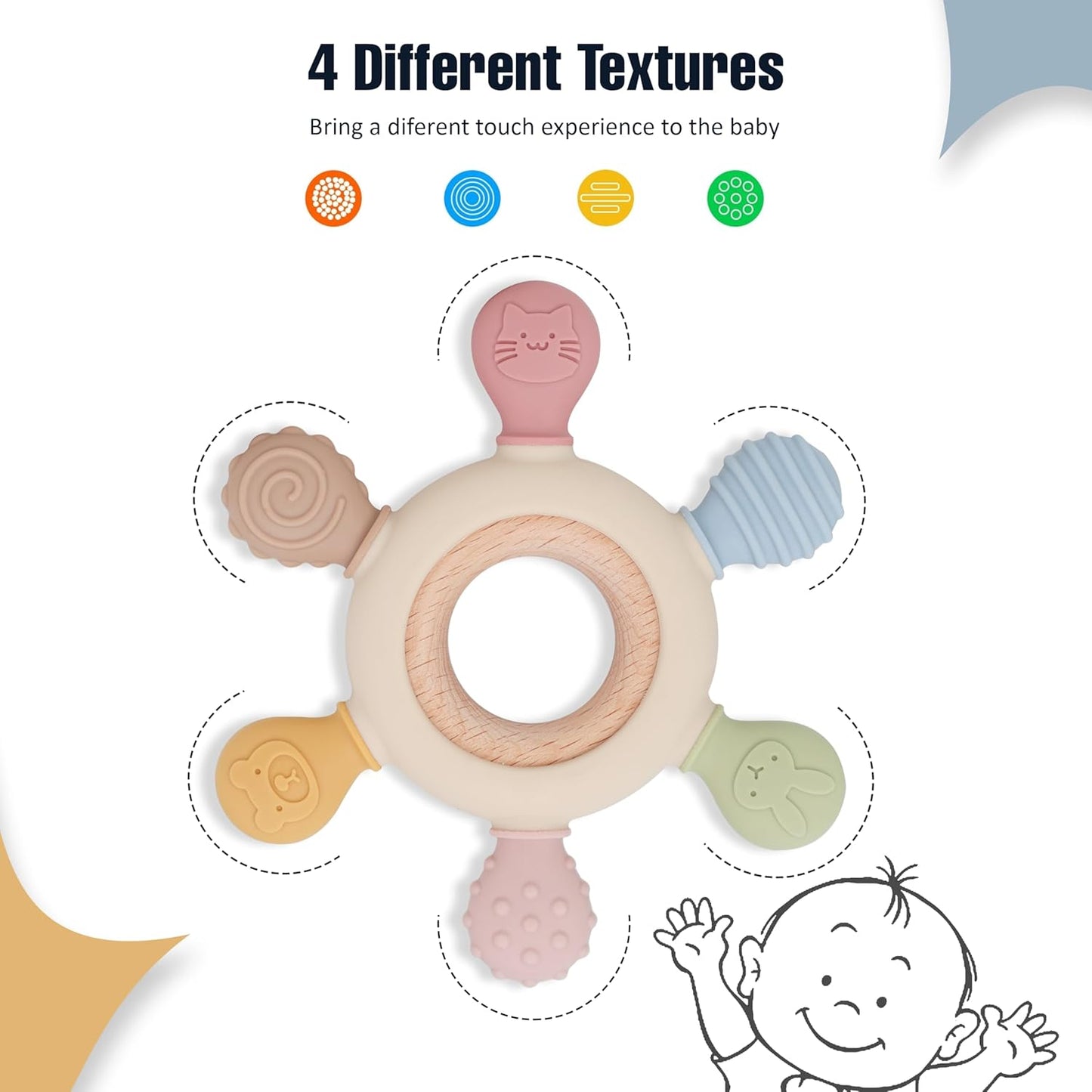 Lyrovo Silicon & Wood Teether for 3+ Months Baby, BPA Free