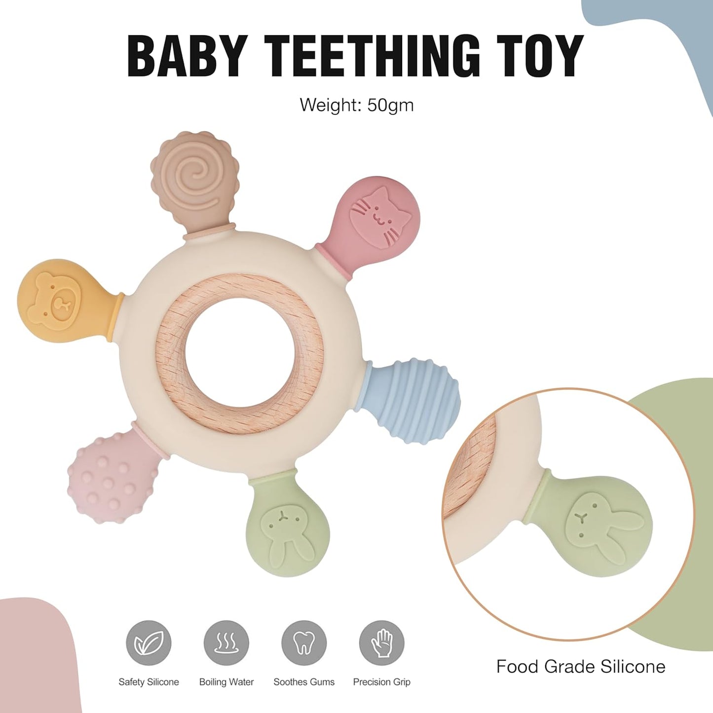 Lyrovo Silicon & Wood Teether for 3+ Months Baby, BPA Free