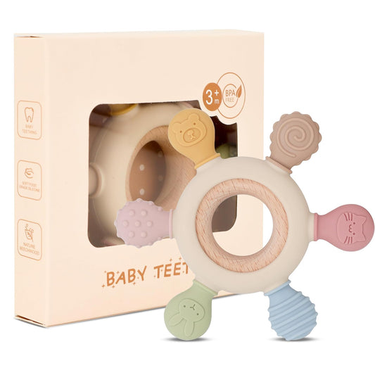 Lyrovo Silicon & Wood Teether for 3+ Months Baby, BPA Free