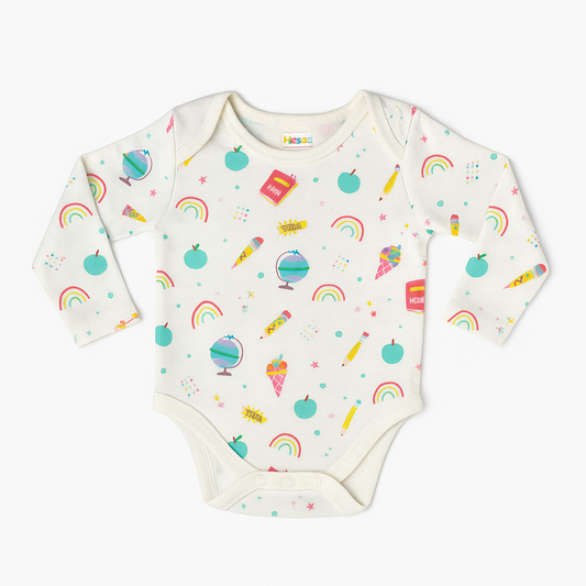 Adorable Long-Sleeve Baby Bodysuit – Fun School-Themed Print