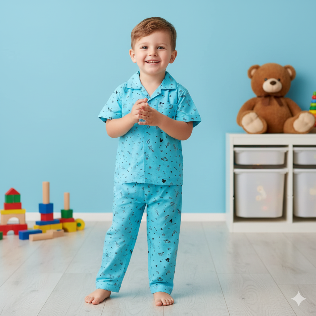 Kids’ Sky Blue Printed Cotton Pajama Set – 2-Piece Nightwear