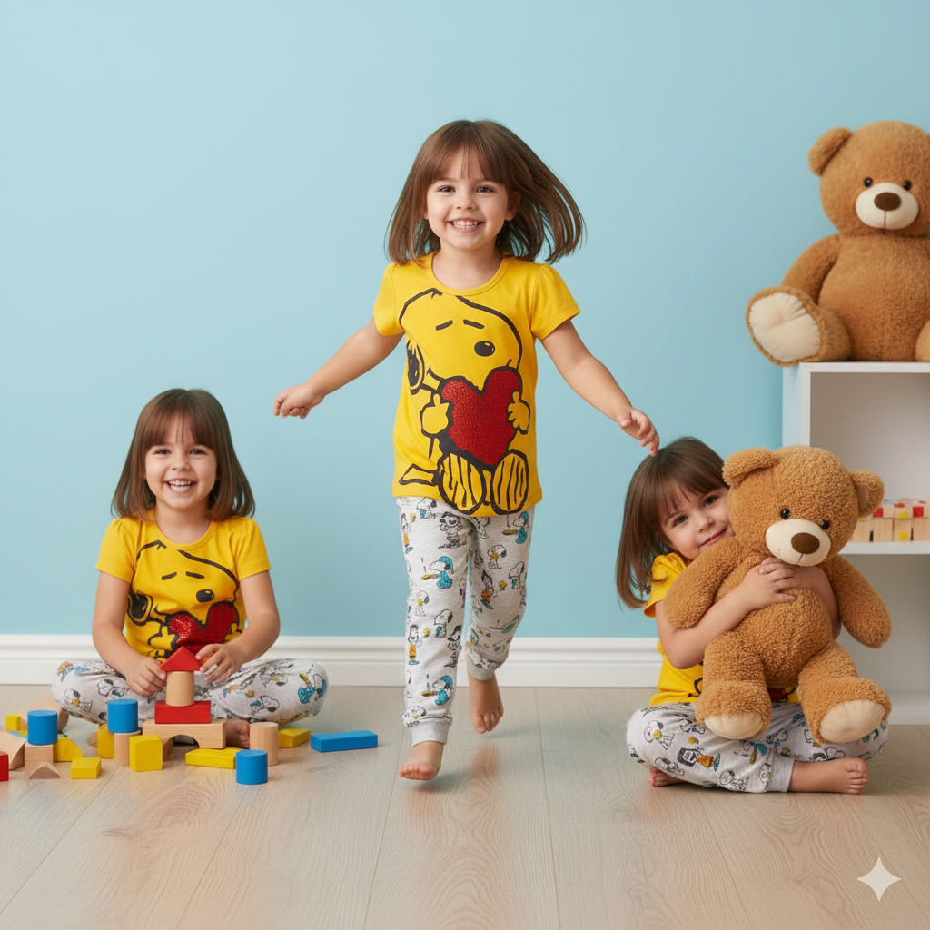 Snoopy Love Yellow T-Shirt & Cartoon Pajama Pants Set – Kids’ Nightwear