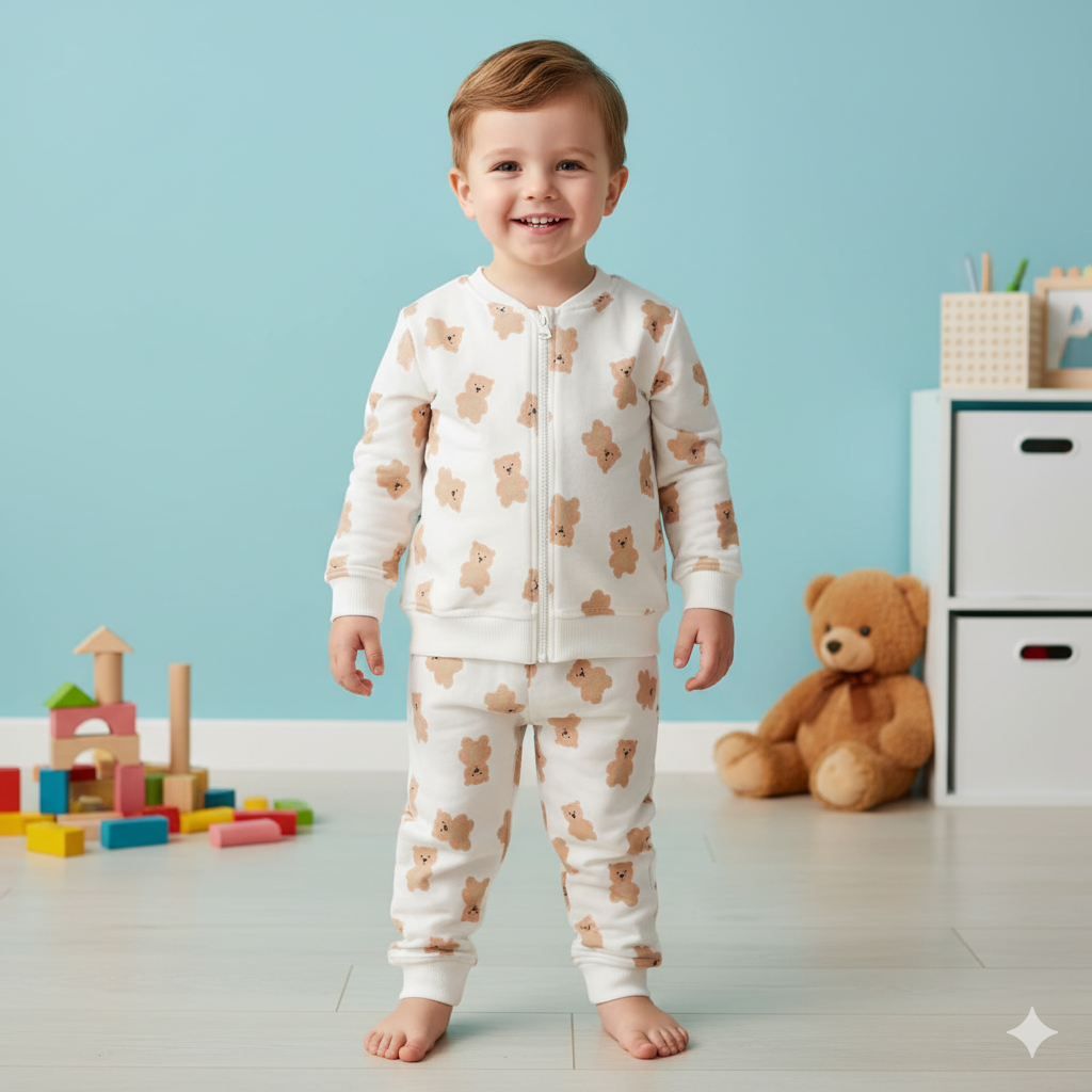 Teddy Bear Printed White Night Suit for Kids