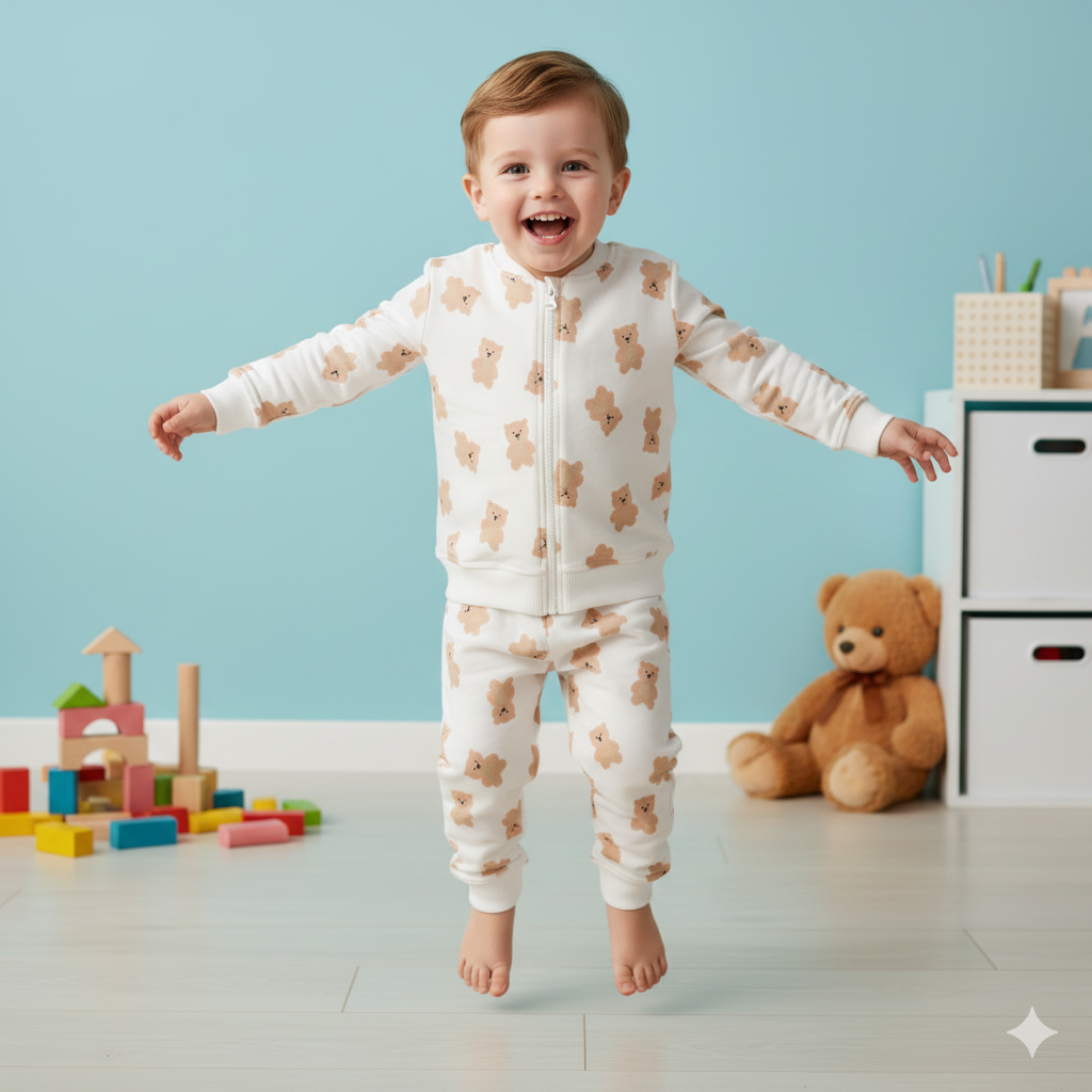 Teddy Bear Printed White Night Suit for Kids