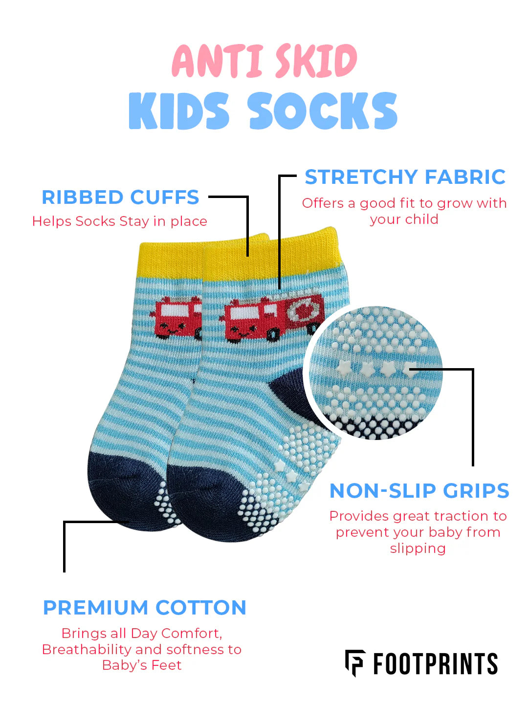 Cotton Anti-Skid Socks (Mix Designs) 2 Pairs 6M-24Months