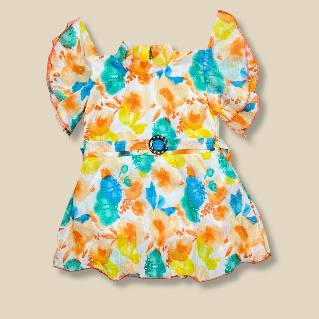 Floral Girls' Dress with Flutter Sleeves & Matching Mask