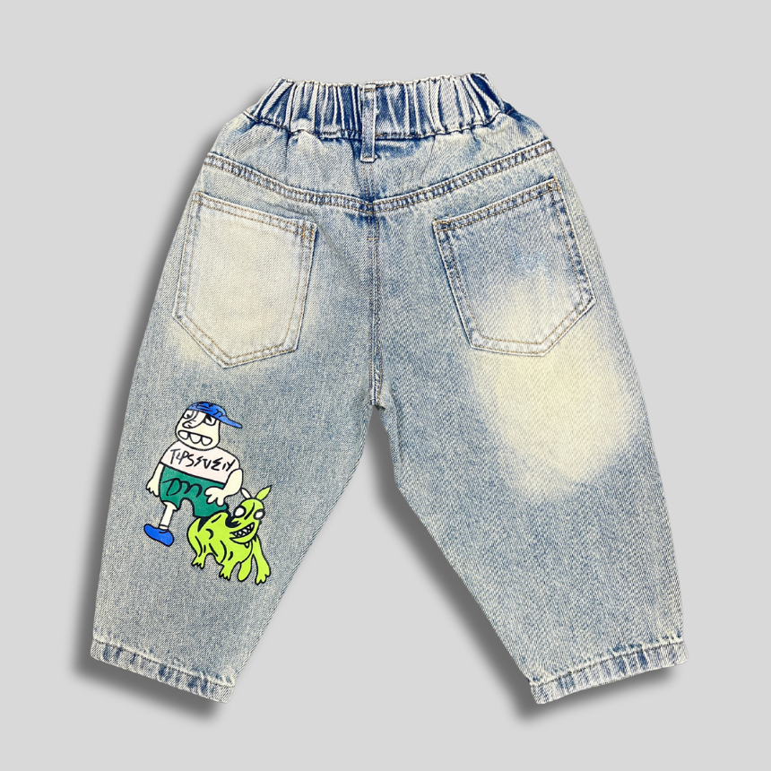 Boys’ Light Wash Cartoon Printed Jeans – Fun & Stylish Denim Pants for Kids