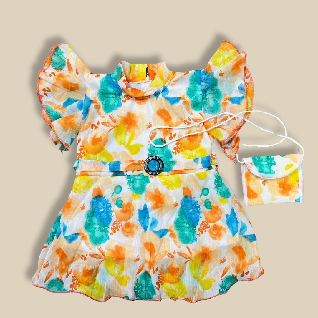 Floral Girls' Dress with Flutter Sleeves & Matching Mask