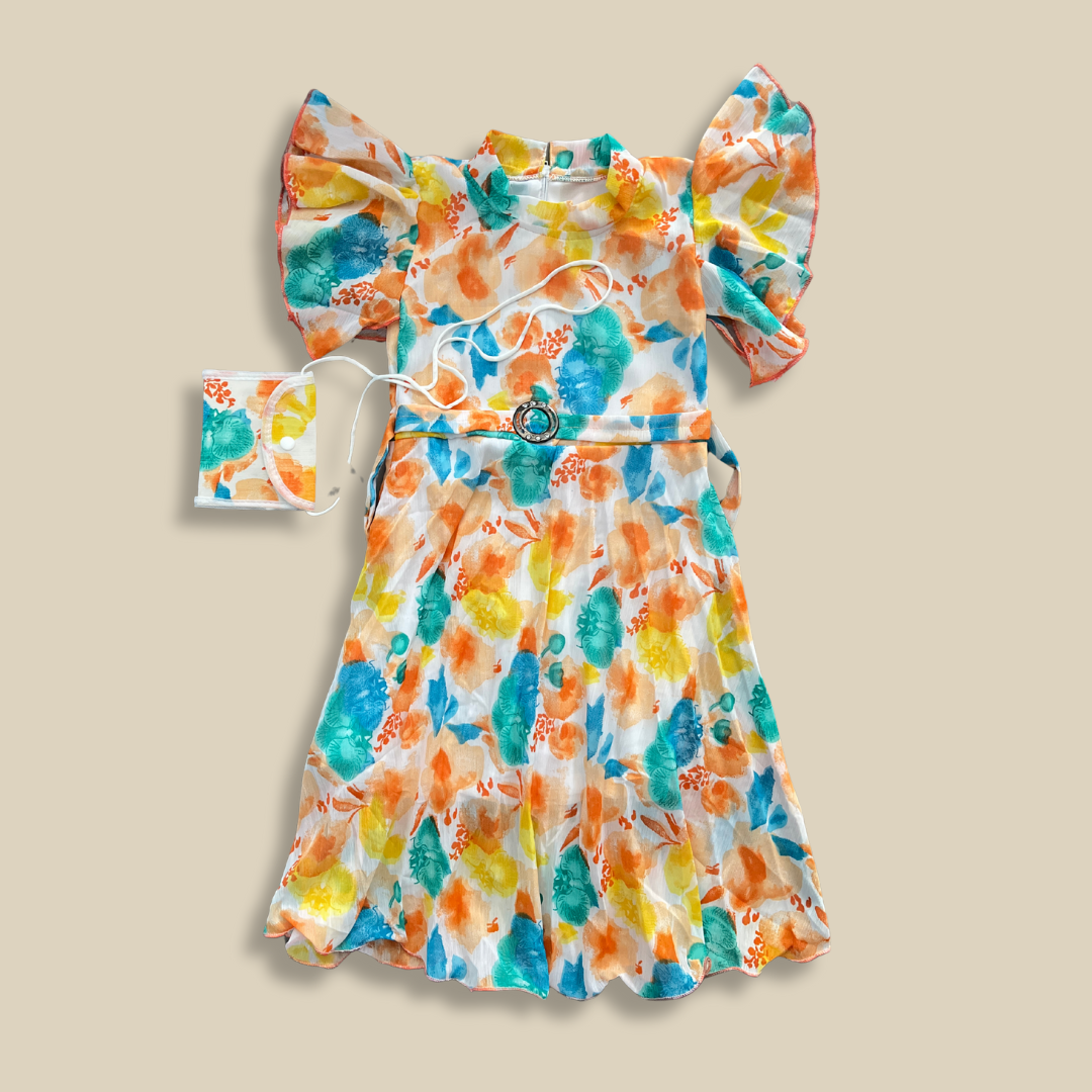 Floral Girls' Dress with Flutter Sleeves & Matching Mask