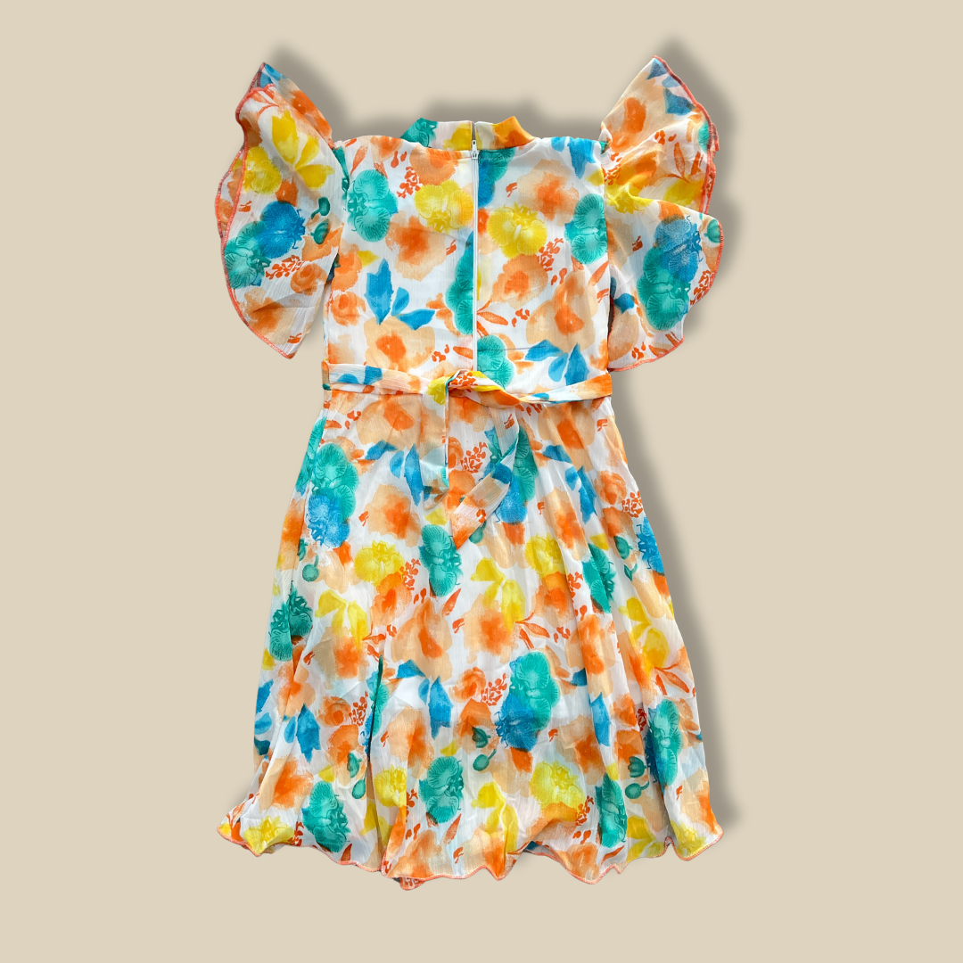 Floral Girls' Dress with Flutter Sleeves & Matching Mask
