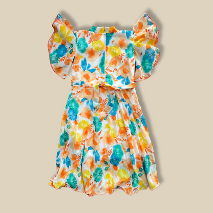 Floral Girls' Dress with Flutter Sleeves & Matching Mask