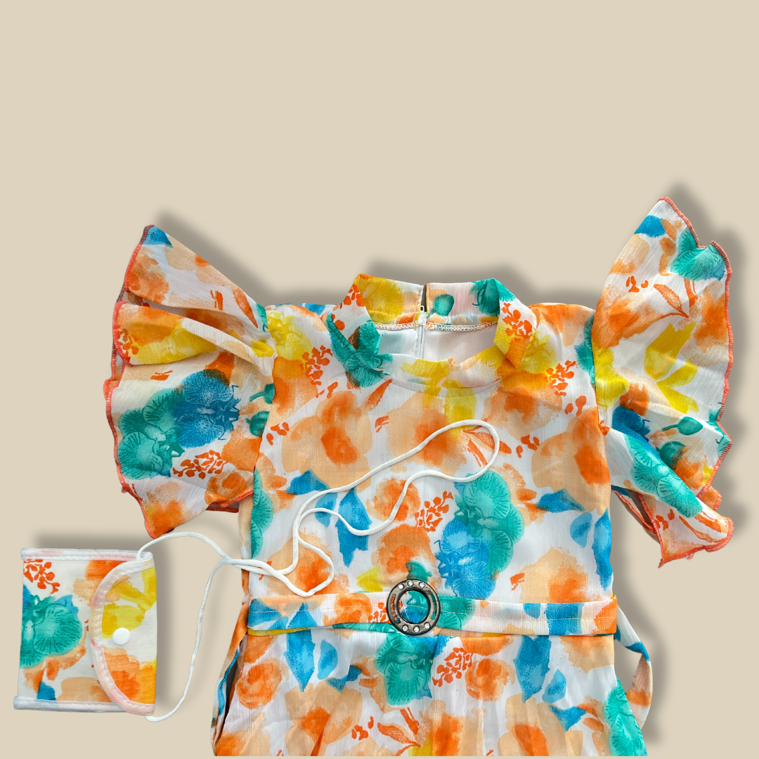Floral Girls' Dress with Flutter Sleeves & Matching Mask