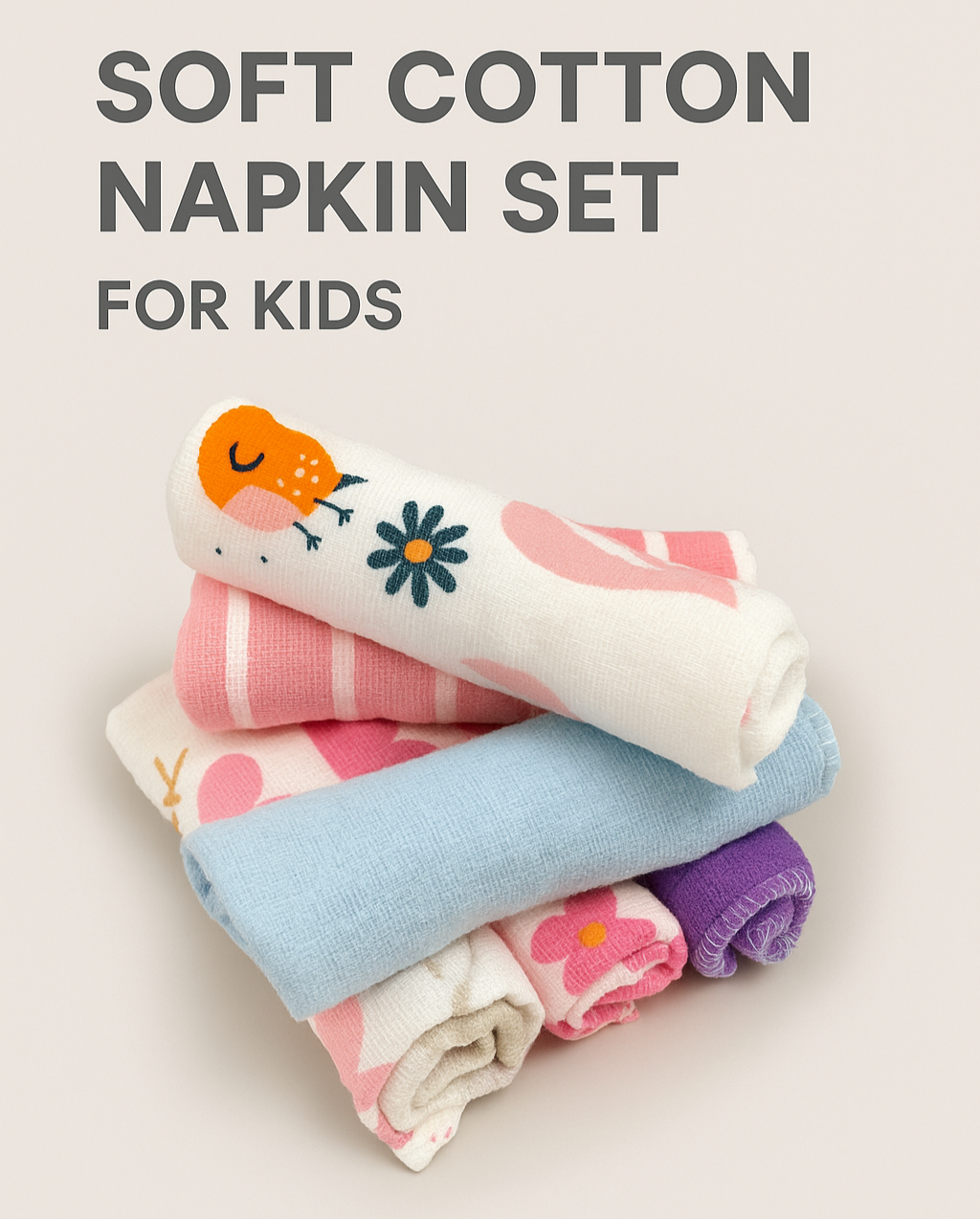 Soft Cotton Napkin Set For Kids ,Multicolor, Pack of 6