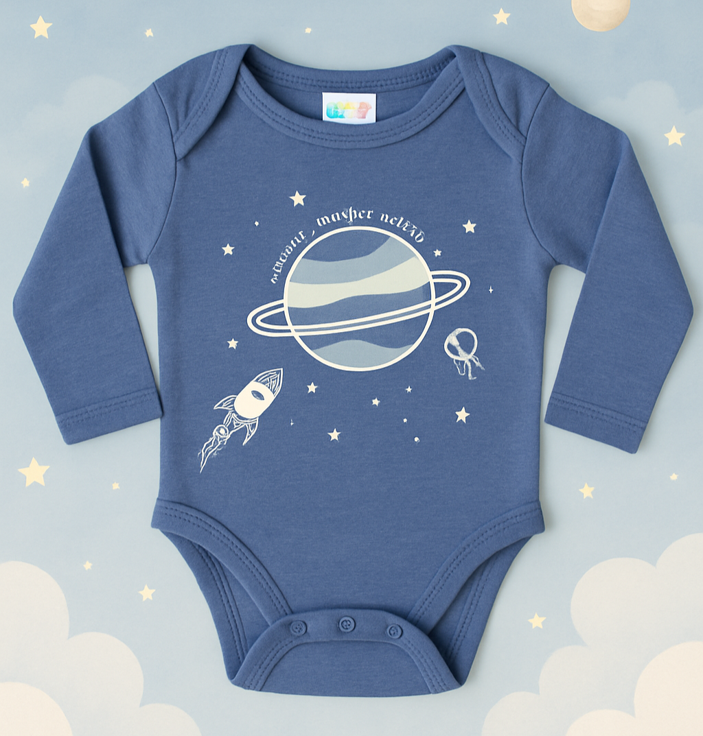 Blue Long-Sleeve Baby Bodysuit – “Mission to Jupiter, Saturn & Mars” Design