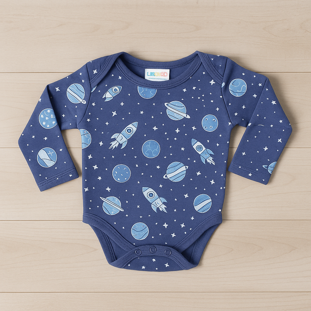 Blue Long-Sleeve Baby Bodysuit – Outer Space Rocket & Planet Print