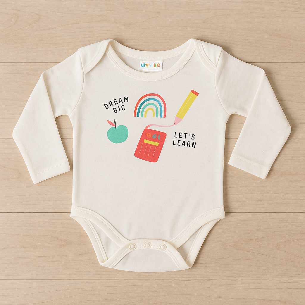 White Long-Sleeve Baby Bodysuit – “Dream Big, Let’s Learn” Print