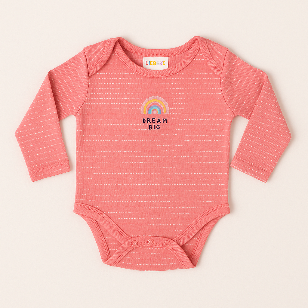 Pink Long-Sleeve Baby Bodysuit – “Dream Big” Rainbow Design