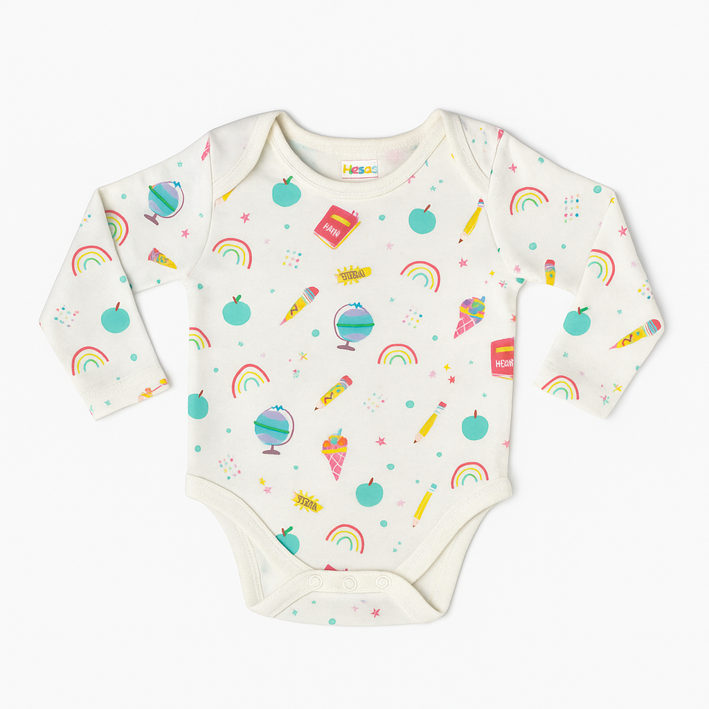 Adorable Long-Sleeve Baby Bodysuit – Fun School-Themed Print