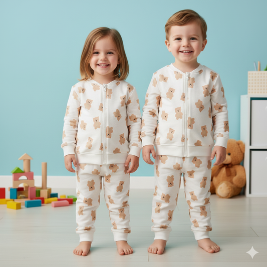 Teddy Bear Printed White Night Suit for Kids