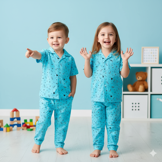Kids’ Sky Blue Printed Cotton Pajama Set – 2-Piece Nightwear