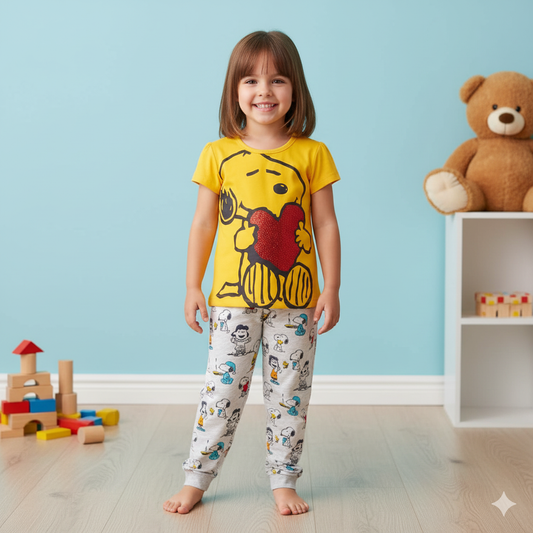 Snoopy Love Yellow T-Shirt & Cartoon Pajama Pants Set – Kids’ Nightwear