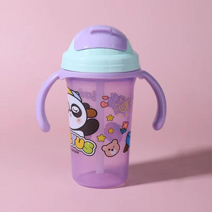 Cartoon Design Anti-Spill Sipper Water Bottle with Silicone Straw and Handles
