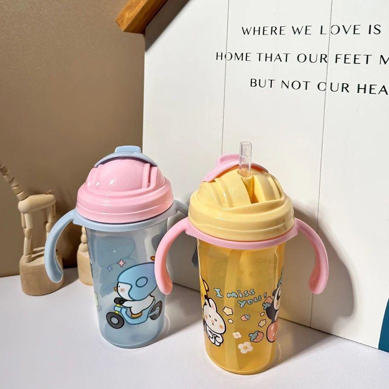 Cartoon Design Anti-Spill Sipper Water Bottle with Silicone Straw and Handles